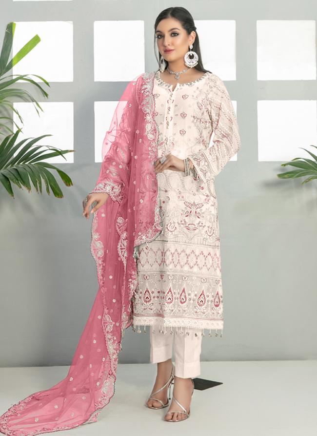 Faux Georgette White Pink Traditional Wear Embroidery Work Pakistani Suit